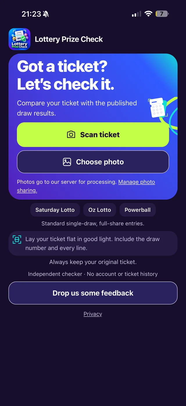 Lottery Prize Check app home screen with Scan ticket and Choose photo buttons.