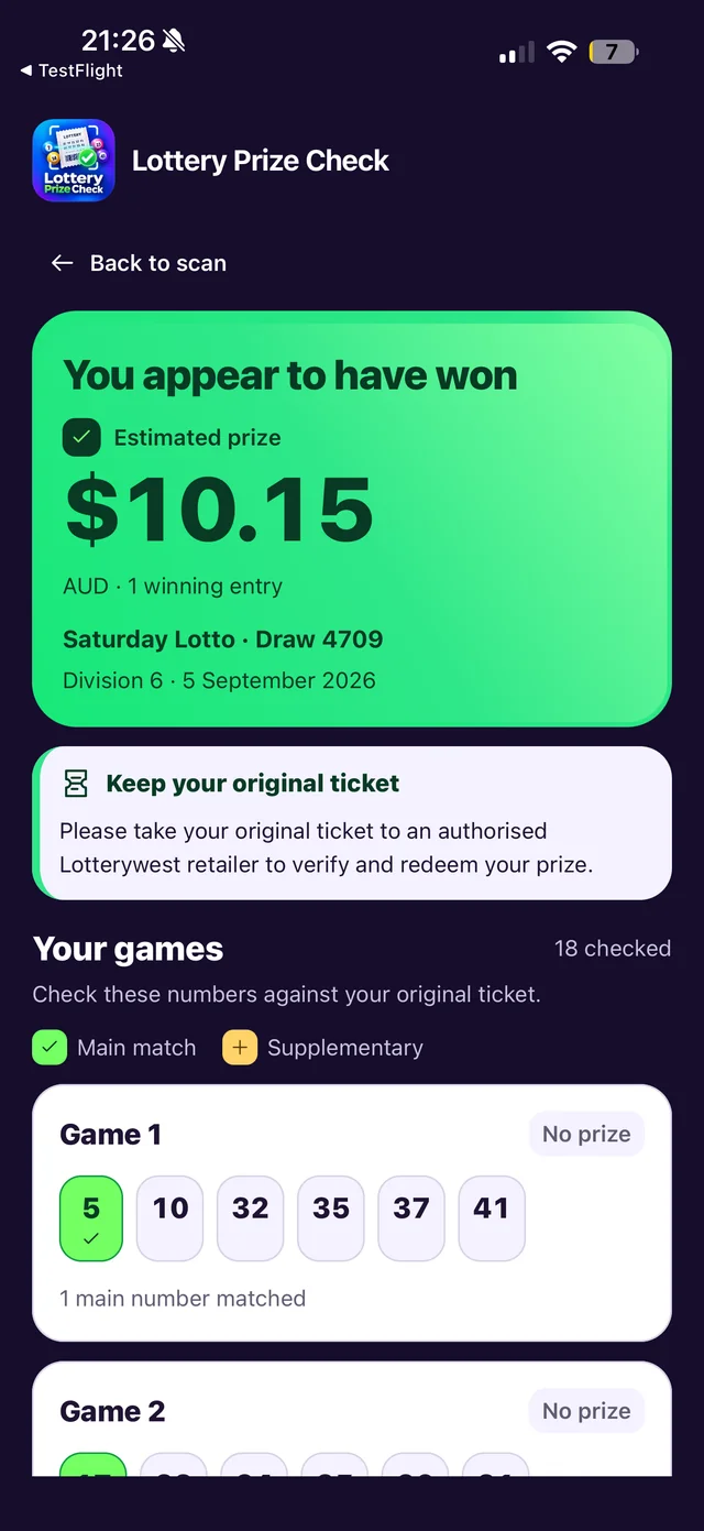 Published app screenshot showing highlighted matching numbers and a potential prize, with a retailer verification reminder.